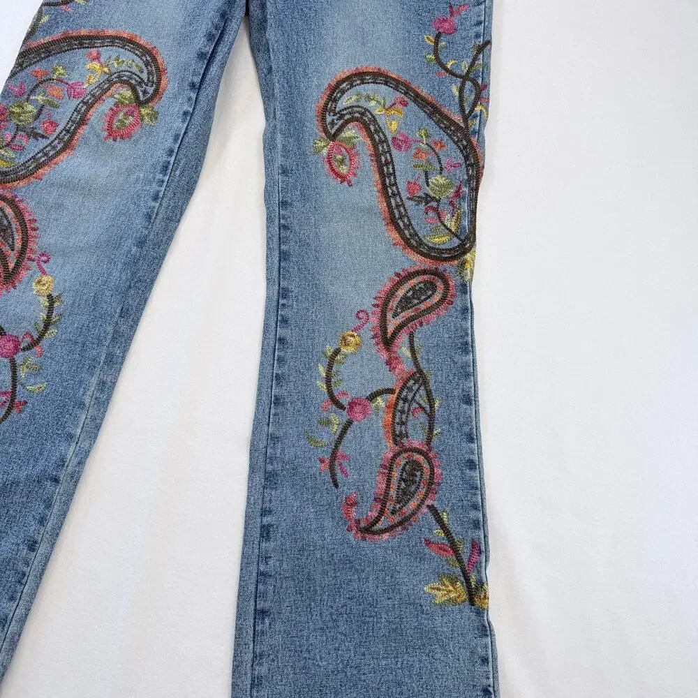 Willi Smith Jeans Womens 4 Paisley Floral Embroidered Bootcut Y2K Boho Acid Wash